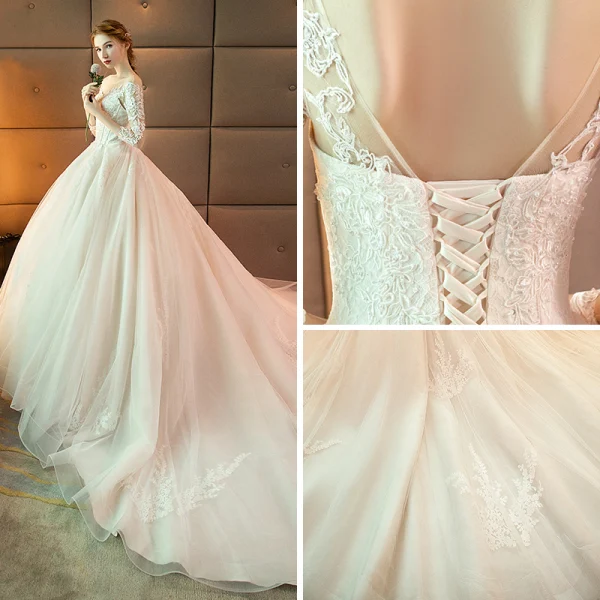 Elegant Champagne See-through Wedding Dresses 2019 A-Line / Princess Scoop Neck 3/4 Sleeve Backless Pierced Appliques Lace Pearl Cathedral Train Ruffle