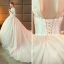 Elegant Champagne See-through Wedding Dresses 2019 A-Line / Princess Scoop Neck 3/4 Sleeve Backless Pierced Appliques Lace Pearl Cathedral Train Ruffle