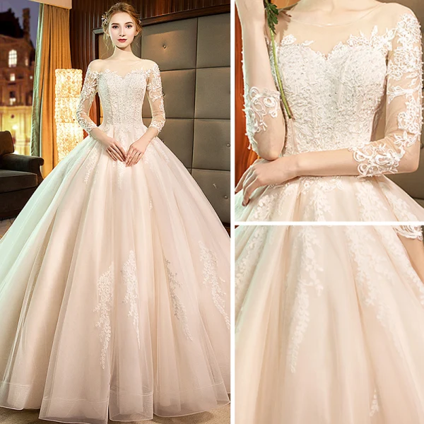 Elegant Champagne See-through Wedding Dresses 2019 A-Line / Princess Scoop Neck 3/4 Sleeve Backless Pierced Appliques Lace Pearl Cathedral Train Ruffle