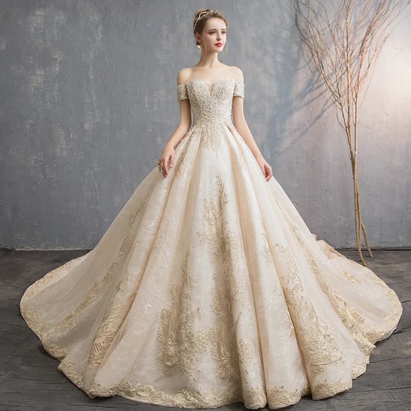 Luxury / Gorgeous Champagne Wedding Dresses 2019 A-Line / Princess Off-The-Shoulder Short Sleeve Backless Appliques Lace Beading Pearl Sequins Cathedral Train Ruffle