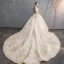 Luxury / Gorgeous Champagne Wedding Dresses 2019 A-Line / Princess Off-The-Shoulder Short Sleeve Backless Appliques Lace Beading Pearl Sequins Cathedral Train Ruffle