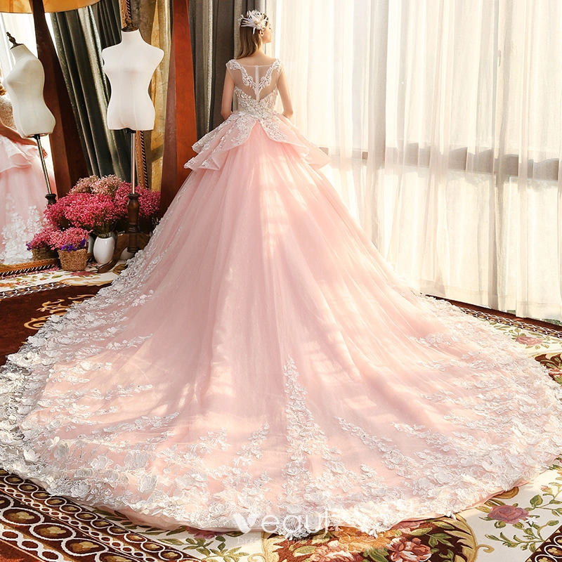 Luxury / Gorgeous Blushing Pink See-through Wedding Dresses 2019 Ball Gown Square Neckline Sleeveless Appliques Lace Flower Beading Cathedral Train