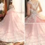 Luxe Rougissant Rose Transparentes Robe De Mariée 2019 Robe Boule Encolure Carrée Sans Manches Appliques En Dentelle Fleur Perlage Cathedral Train Volants