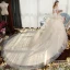 Luxury / Gorgeous Champagne Wedding Dresses 2019 Ball Gown Off-The-Shoulder Short Sleeve Backless Appliques Lace Pearl Beading Tassel Glitter Tulle Cathedral Train Ruffle