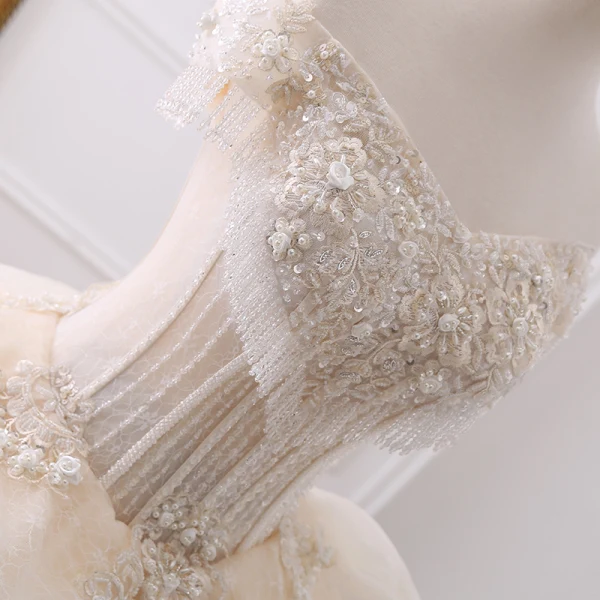Luxury / Gorgeous Champagne Wedding Dresses 2019 Ball Gown Off-The-Shoulder Short Sleeve Backless Appliques Lace Pearl Beading Tassel Glitter Tulle Cathedral Train Ruffle