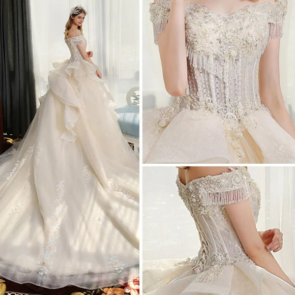 Luxury / Gorgeous Champagne Wedding Dresses 2019 Ball Gown Off-The-Shoulder Short Sleeve Backless Appliques Lace Pearl Beading Tassel Glitter Tulle Cathedral Train Ruffle