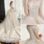Luxury / Gorgeous Champagne Wedding Dresses 2019 Ball Gown Off-The-Shoulder Short Sleeve Backless Appliques Lace Pearl Beading Tassel Glitter Tulle Cathedral Train Ruffle