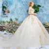 Luxury / Gorgeous Champagne Wedding Dresses 2019 Ball Gown Off-The-Shoulder Short Sleeve Backless Appliques Lace Beading Cathedral Train Ruffle