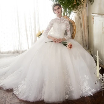Chinese Style Ivory Pierced Wedding Dresses 2019 Ball Gown High Neck Long Sleeve Appliques Lace Glitter Tulle Cathedral Train Ruffle