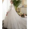 Chinese style Ivory Pierced Wedding Dresses 2019 Ball Gown High Neck Long Sleeve Appliques Lace Glitter Tulle Cathedral Train Ruffle