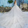 Elegant Ivory Wedding Dresses 2019 Ball Gown Off-The-Shoulder Short Sleeve Backless Appliques Lace Cathedral Train Ruffle