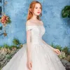 Elegant Ivory Wedding Dresses 2019 Ball Gown Off-The-Shoulder Short Sleeve Backless Appliques Lace Cathedral Train Ruffle