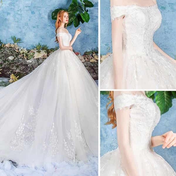 Elegant Ivory Wedding Dresses 2019 Ball Gown Off-The-Shoulder Short Sleeve Backless Appliques Lace Cathedral Train Ruffle