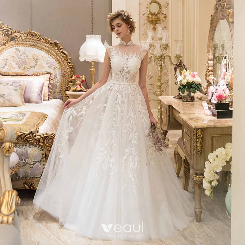 Illusion Ivory See through Wedding Dresses 2019 A Line Princess