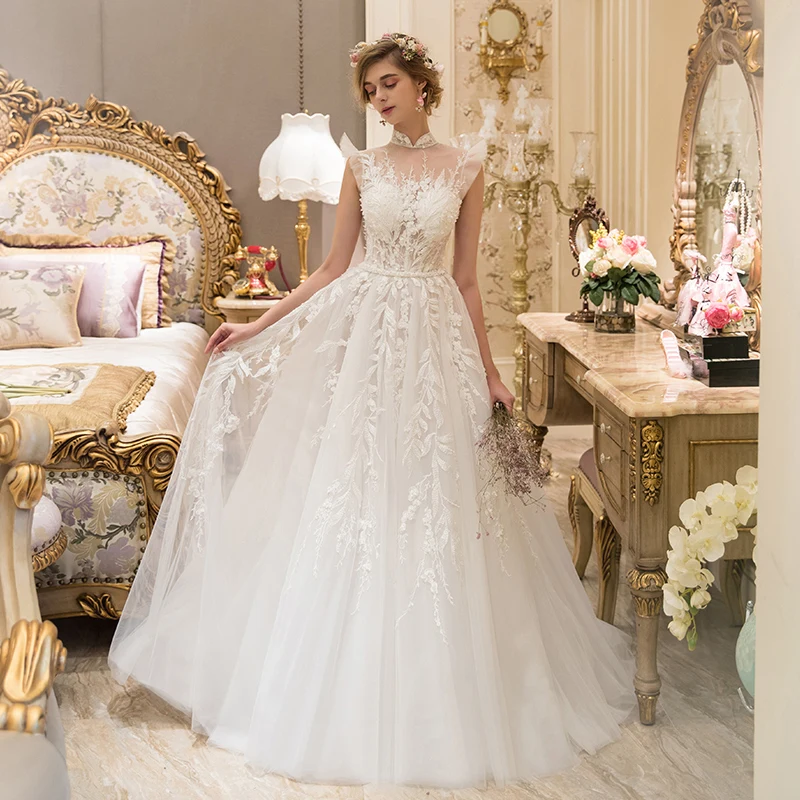 chinese dress ladies A Line 3D Flower Floral Lace See Through Sweetheart Neck Wedding Dresses  MLD004 main image 0