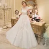Illusion Ivory See-through Wedding Dresses 2019 A-Line / Princess High Neck Sleeveless Pierced Appliques Lace Beading Sweep Train Ruffle