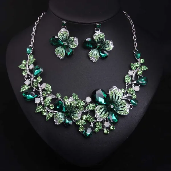 Fancy Green Rhinestone Evening Party Prom Earrings Necklaces Accessories 2023 Alloy