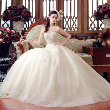 Luxe Champagne Transparentes Robe De Mariée 2019 Princesse Encolure Dégagée 1 2 Manches Dos Nu Perlage Glitter Tulle Longue Volants