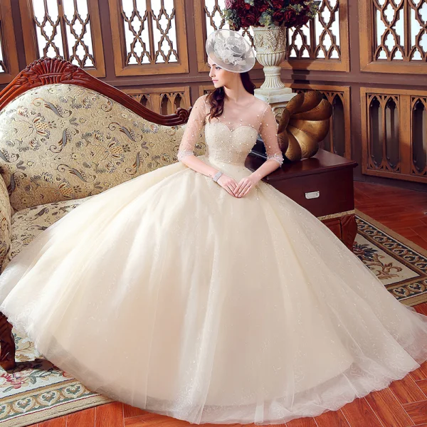 Luxury / Gorgeous Champagne See-through Wedding Dresses 2019 A-Line / Princess Scoop Neck 1/2 Sleeves Backless Beading Glitter Tulle Floor-Length / Long Ruffle
