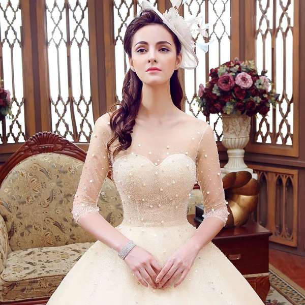 Luxury / Gorgeous Champagne See-through Wedding Dresses 2019 A-Line / Princess Scoop Neck 1/2 Sleeves Backless Beading Glitter Tulle Floor-Length / Long Ruffle