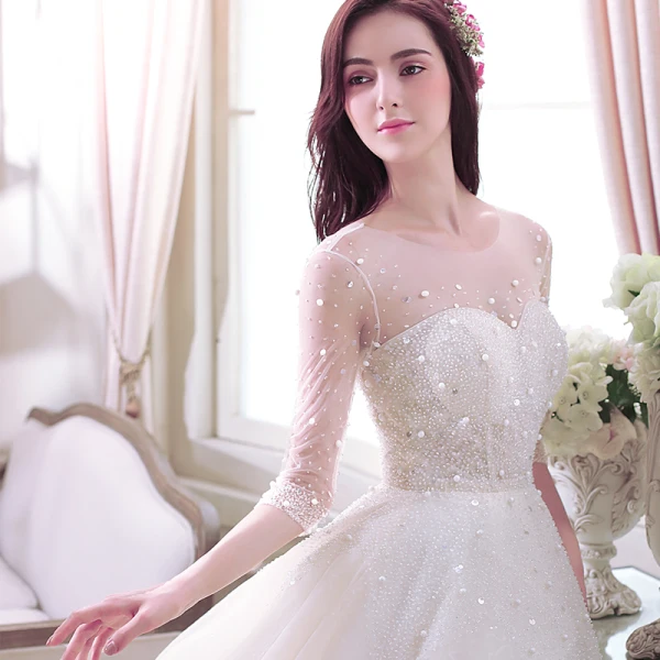 Luxury / Gorgeous Champagne See-through Wedding Dresses 2019 A-Line / Princess Scoop Neck 1/2 Sleeves Backless Beading Glitter Tulle Floor-Length / Long Ruffle