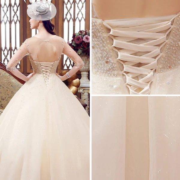 Luxury / Gorgeous Champagne See-through Wedding Dresses 2019 A-Line / Princess Scoop Neck 1/2 Sleeves Backless Beading Glitter Tulle Floor-Length / Long Ruffle