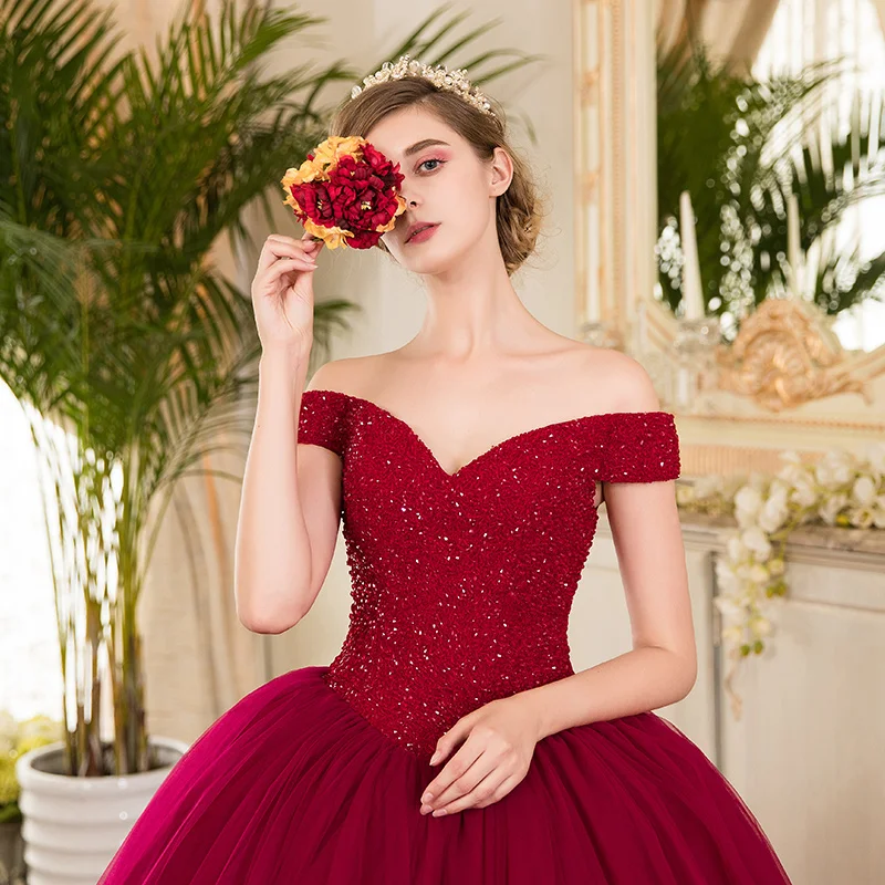 Vintage Retro Burgundy Prom Dresses 2019 Ball Gown Off The Shoulder Short  Sleeve Beading Chapel Train Ruffle Backless Formal Dresses