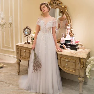 Élégant Champagne Transparentes Robe De Mariée 2019 Princesse Encolure Dégagée Manches Courtes Dos Nu Appliques En Dentelle Perle Train De Balayage Volants