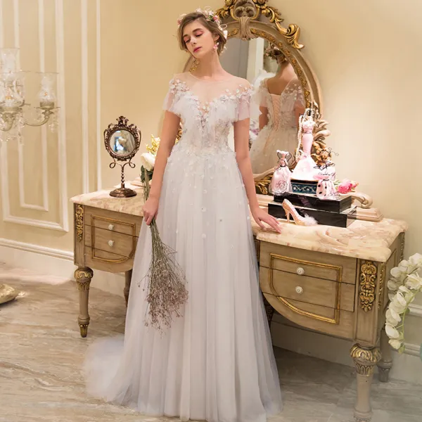 Elegant Champagne See-through Wedding Dresses 2019 A-Line / Princess Scoop Neck Short Sleeve Backless Appliques Lace Pearl Sweep Train Ruffle