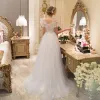 Elegant Champagne See-through Wedding Dresses 2019 A-Line / Princess Scoop Neck Short Sleeve Backless Appliques Lace Pearl Sweep Train Ruffle