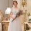 Élégant Champagne Transparentes Robe De Mariée 2019 Princesse Encolure Dégagée Manches Courtes Dos Nu Appliques En Dentelle Perle Train De Balayage Volants