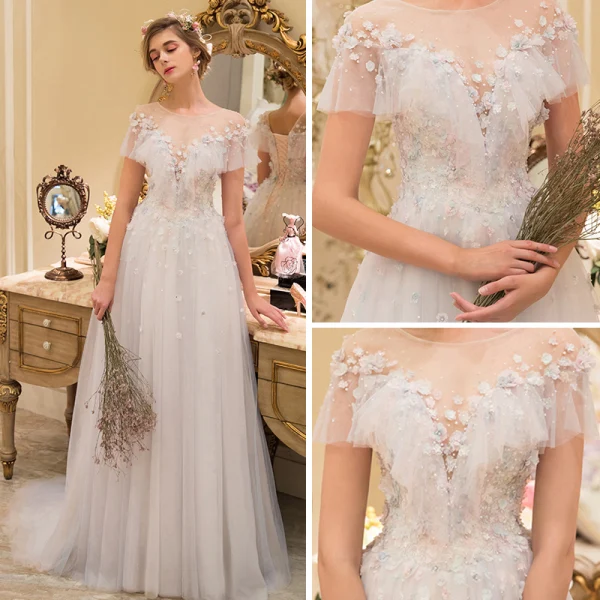 Élégant Champagne Transparentes Robe De Mariée 2019 Princesse Encolure Dégagée Manches Courtes Dos Nu Appliques En Dentelle Perle Train De Balayage Volants