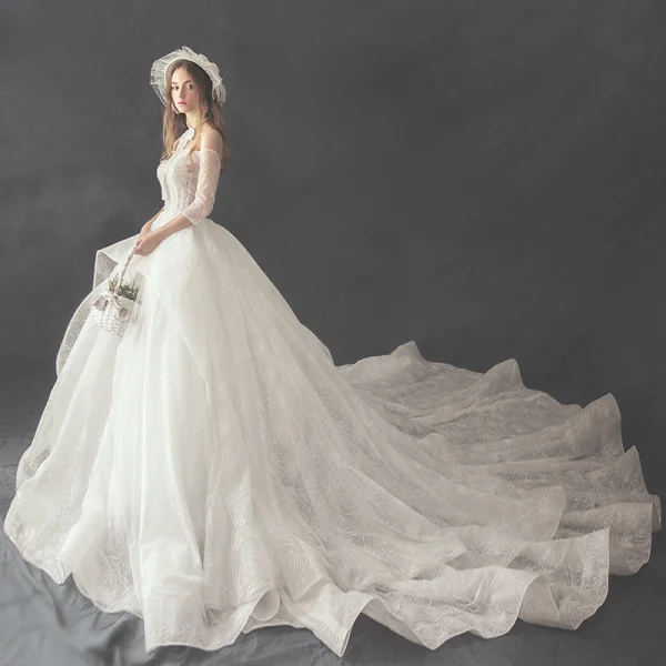 Luxury / Gorgeous Ivory Wedding Dresses 2019 A-Line / Princess Off-The-Shoulder 3/4 Sleeve Backless Beading Pearl Cathedral Train Ruffle