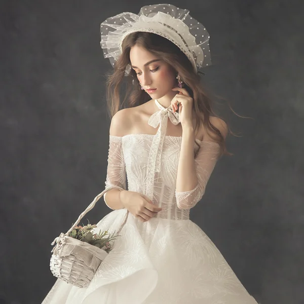 Luxury / Gorgeous Ivory Wedding Dresses 2019 A-Line / Princess Off-The-Shoulder 3/4 Sleeve Backless Beading Pearl Cathedral Train Ruffle