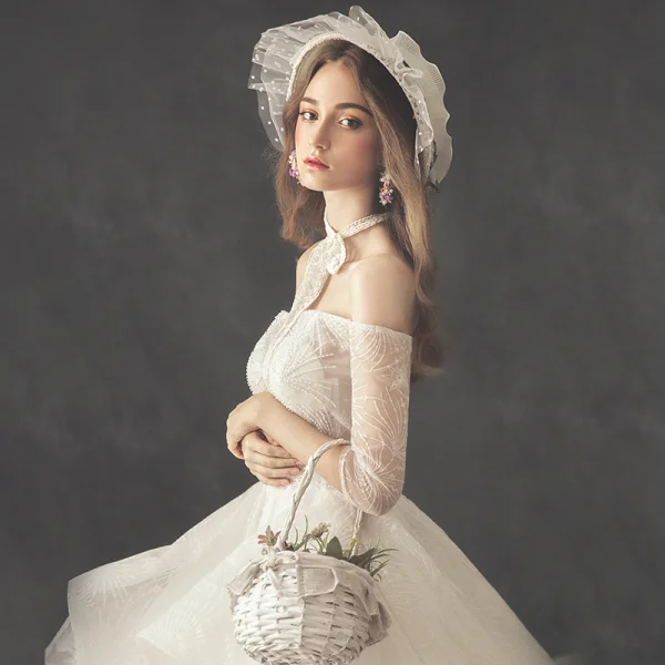 Luxury / Gorgeous Ivory Wedding Dresses 2019 A-Line / Princess Off-The-Shoulder 3/4 Sleeve Backless Beading Pearl Cathedral Train Ruffle