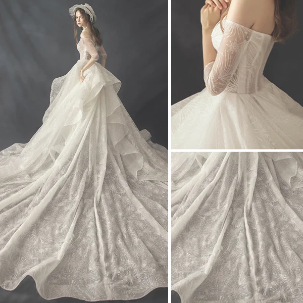 Luxury / Gorgeous Ivory Wedding Dresses 2019 A-Line / Princess Off-The-Shoulder 3/4 Sleeve Backless Beading Pearl Cathedral Train Ruffle