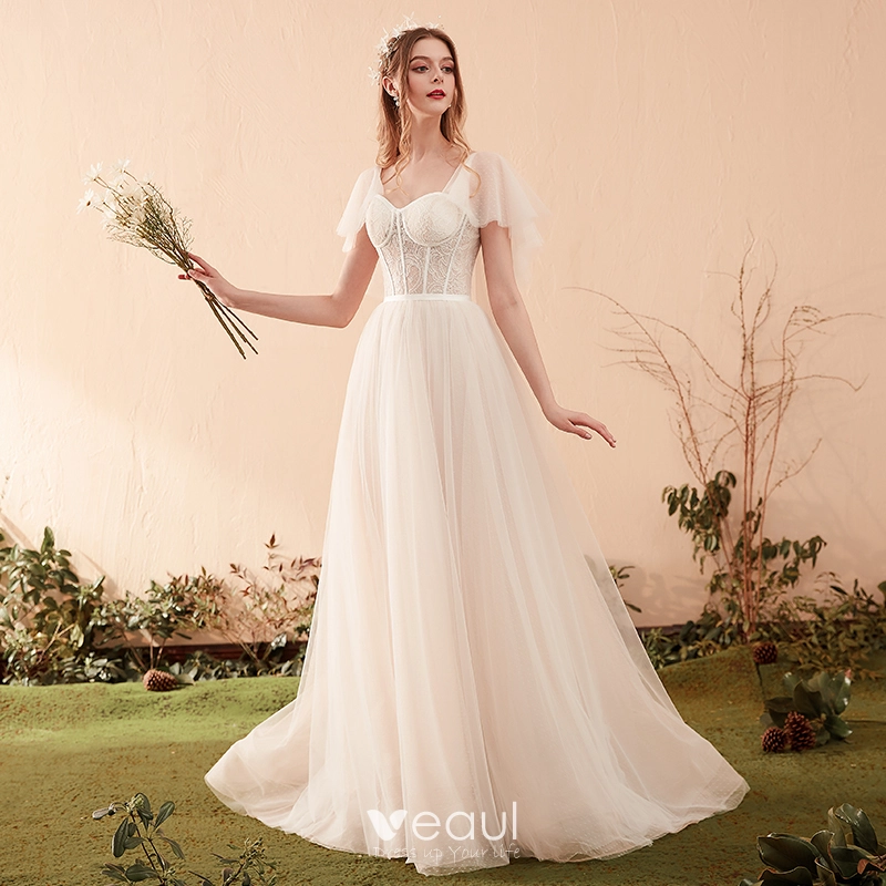 Modest Simple Champagne Wedding Dresses 2019 A Line Princess Square Neckline Short Sleeve Backless Sweep Train Ruffle