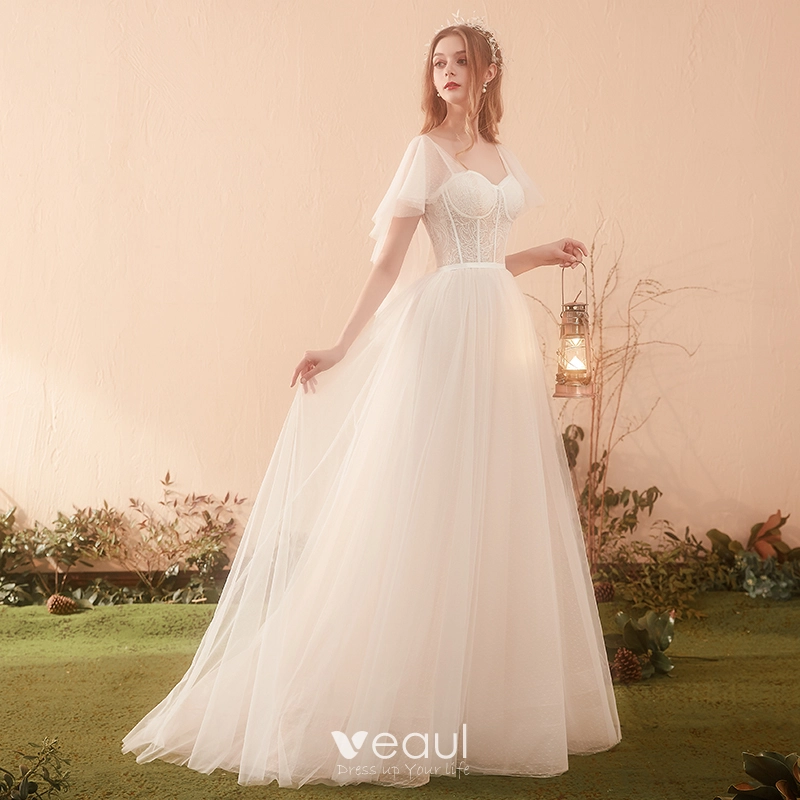 Modest Simple Champagne Wedding Dresses 2019 A Line Princess Square Neckline Short Sleeve Backless Sweep Train Ruffle