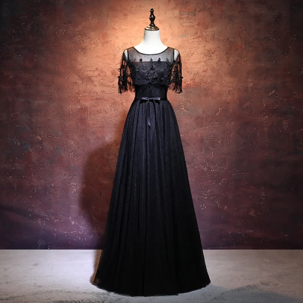 Chic Beautiful Black Prom Dresses 2017 A Line Princess Scoop Neck Short  Sleeve Appliques Lace Sash Floor Length Long Backless Formal Dresses