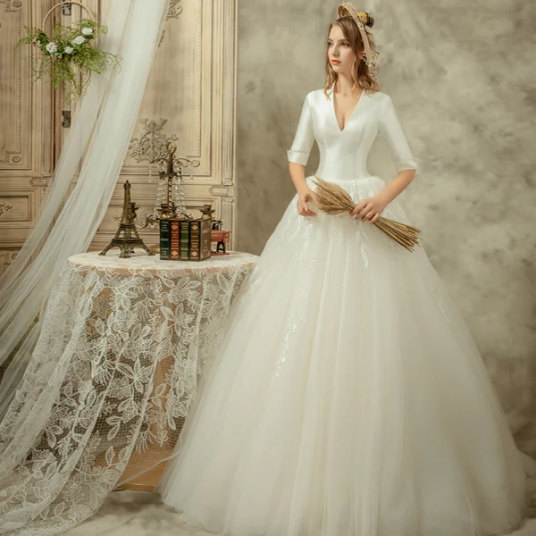 Audrey Hepburn Style Ivory Wedding Dresses 2019 A-Line / Princess V-Neck 1/2 Sleeves Backless Floor-Length / Long Ruffle