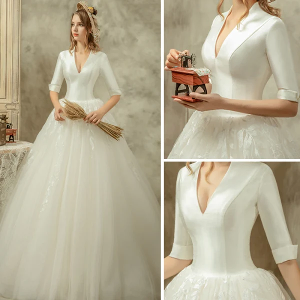 Audrey Hepburn Style Ivory Wedding Dresses 2019 A-Line / Princess V-Neck 1/2 Sleeves Backless Floor-Length / Long Ruffle