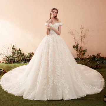 Chic Beautiful Champagne Wedding Dresses 2019 A Line Princess Off The Shoulder Short Sleeve Backless Appliques Lace Pearl Chapel Train Ruffle