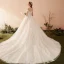 Chic / Beautiful Champagne Wedding Dresses 2019 A-Line / Princess Off-The-Shoulder Short Sleeve Backless Appliques Lace Pearl Chapel Train Ruffle