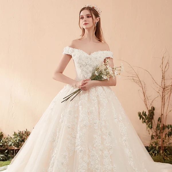 Chic / Beautiful Champagne Wedding Dresses 2019 A-Line / Princess Off-The-Shoulder Short Sleeve Backless Appliques Lace Pearl Chapel Train Ruffle