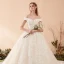 Chic / Beautiful Champagne Wedding Dresses 2019 A-Line / Princess Off-The-Shoulder Short Sleeve Backless Appliques Lace Pearl Chapel Train Ruffle