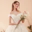 Chic / Beautiful Champagne Wedding Dresses 2019 A-Line / Princess Off-The-Shoulder Short Sleeve Backless Appliques Lace Pearl Chapel Train Ruffle