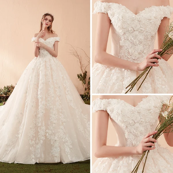 Chic / Beautiful Champagne Wedding Dresses 2019 A-Line / Princess Off-The-Shoulder Short Sleeve Backless Appliques Lace Pearl Chapel Train Ruffle