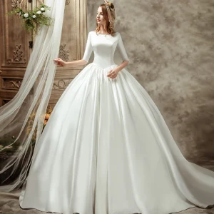 Vintage Retro Ivory Satin Wedding Dresses 2019 Ball Gown Scoop Neck 1 2 Sleeves Backless Cathedral Train Ruffle