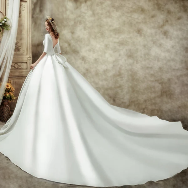Vintage / Retro Ivory Satin Wedding Dresses 2019 Ball Gown Scoop Neck 1/2 Sleeves Backless Cathedral Train Ruffle