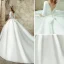 Vintage / Retro Ivory Satin Wedding Dresses 2019 Ball Gown Scoop Neck 1/2 Sleeves Backless Cathedral Train Ruffle